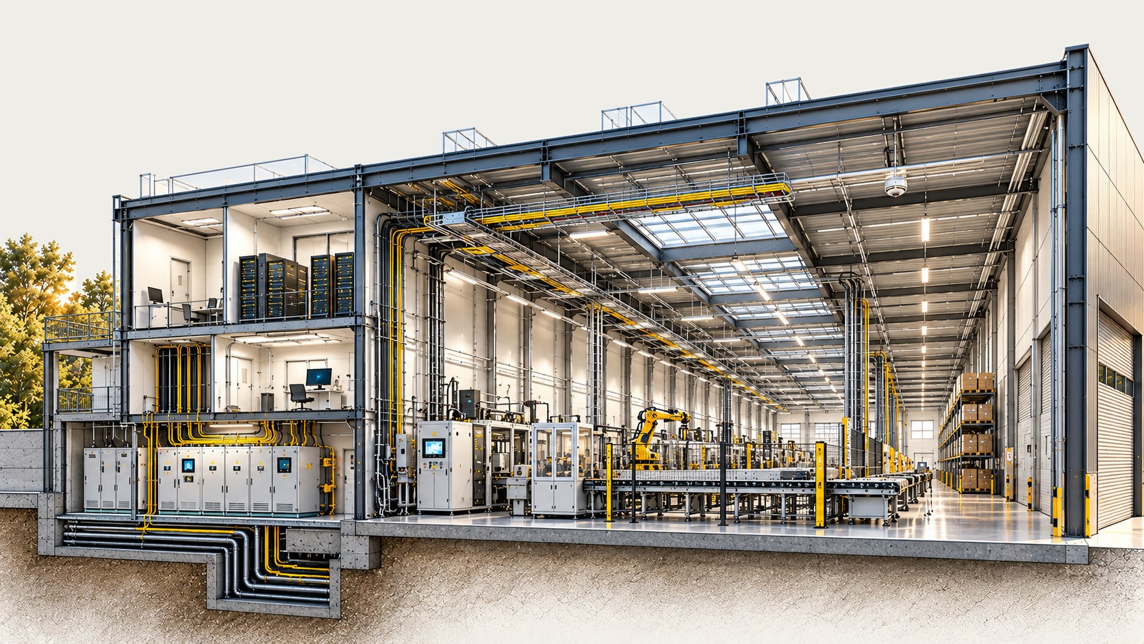 Schnitt durch eine Gewerbe- und Industriehalle mit Technikgebäude: Hauptverteilung, Netzwerkschränke, Kabeltrassen, Produktionslinie mit Steuerschränken und Brandmeldern (Illustration)