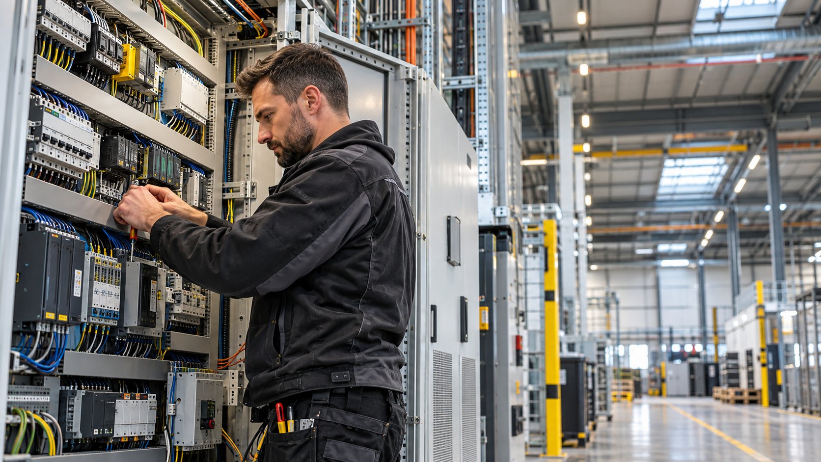 Elektrotechniker bei der Arbeit an einem Schaltschrank in einer Industriehalle