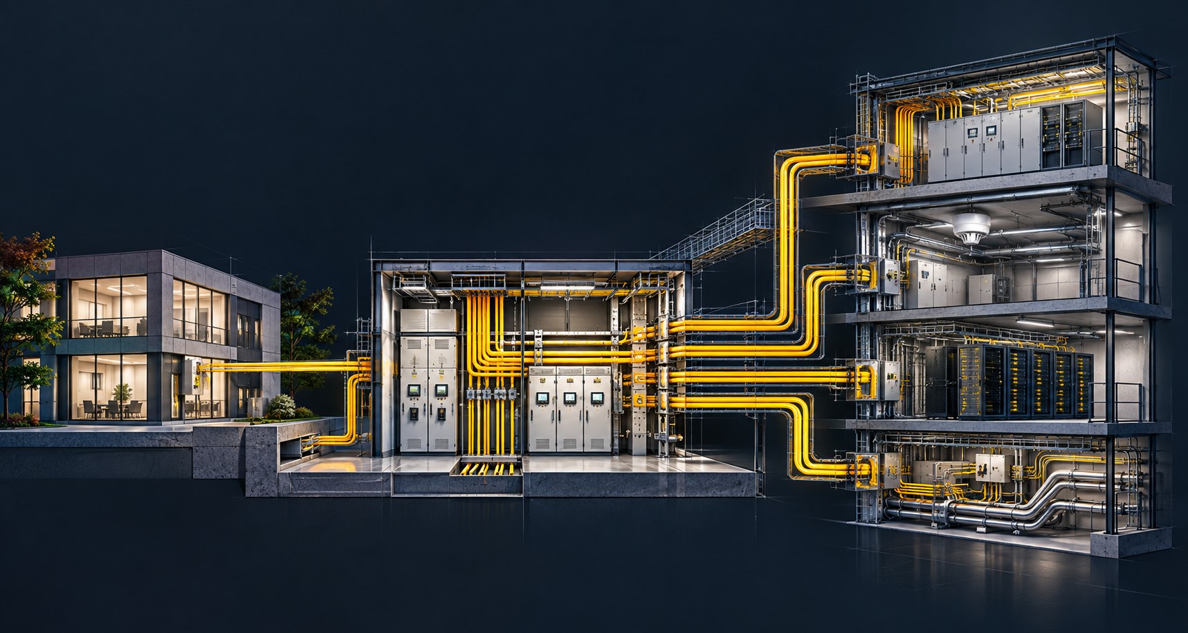 Illustration: Ein Gebäude ist über eine Leitung mit einer technischen Zentrale verbunden, von der Leitungen zu mehreren technischen Bereichen führen